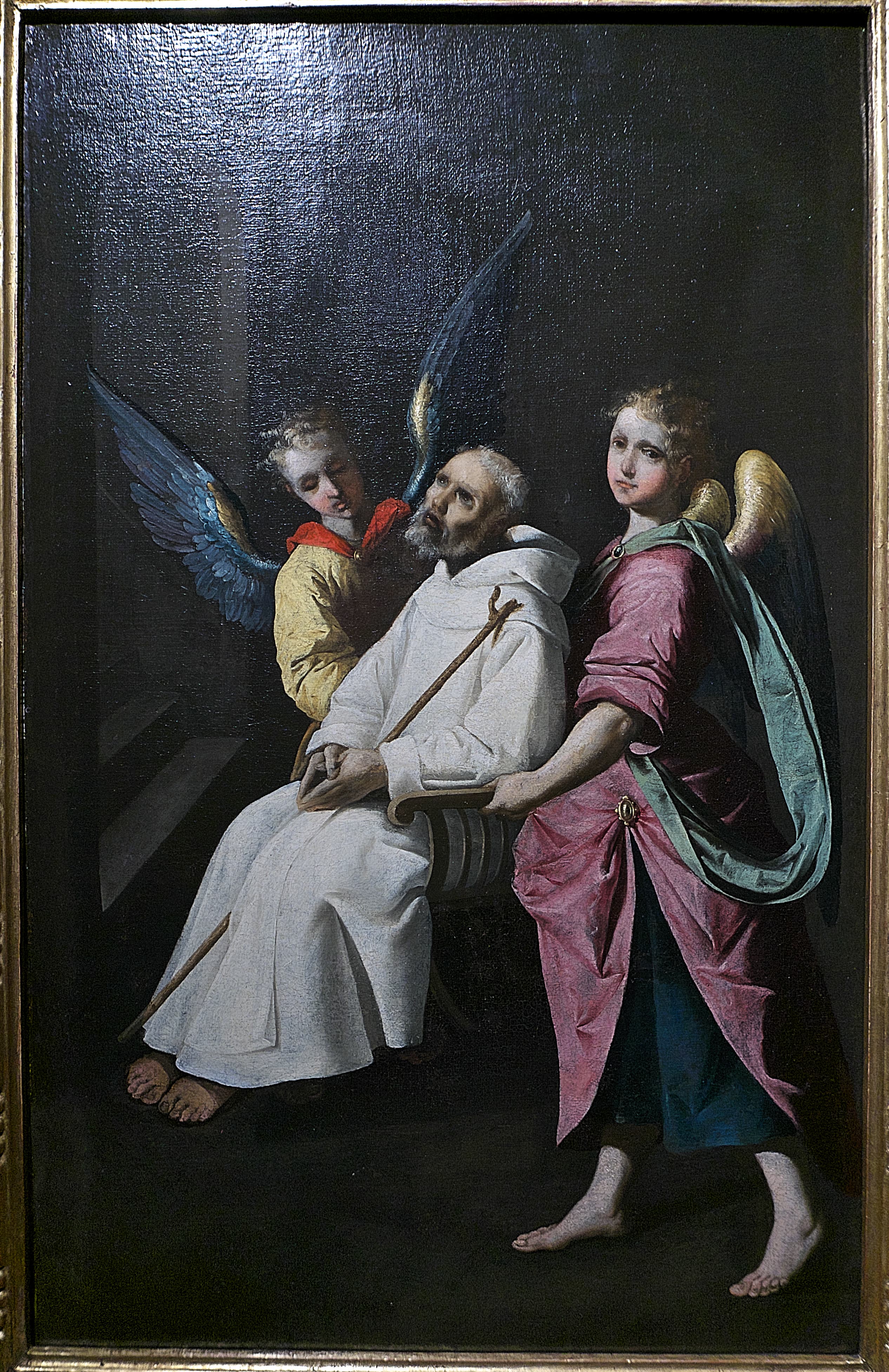 Saint Peter Nolasco in the white habit, assisted by two angels, painting by Zurbarán.