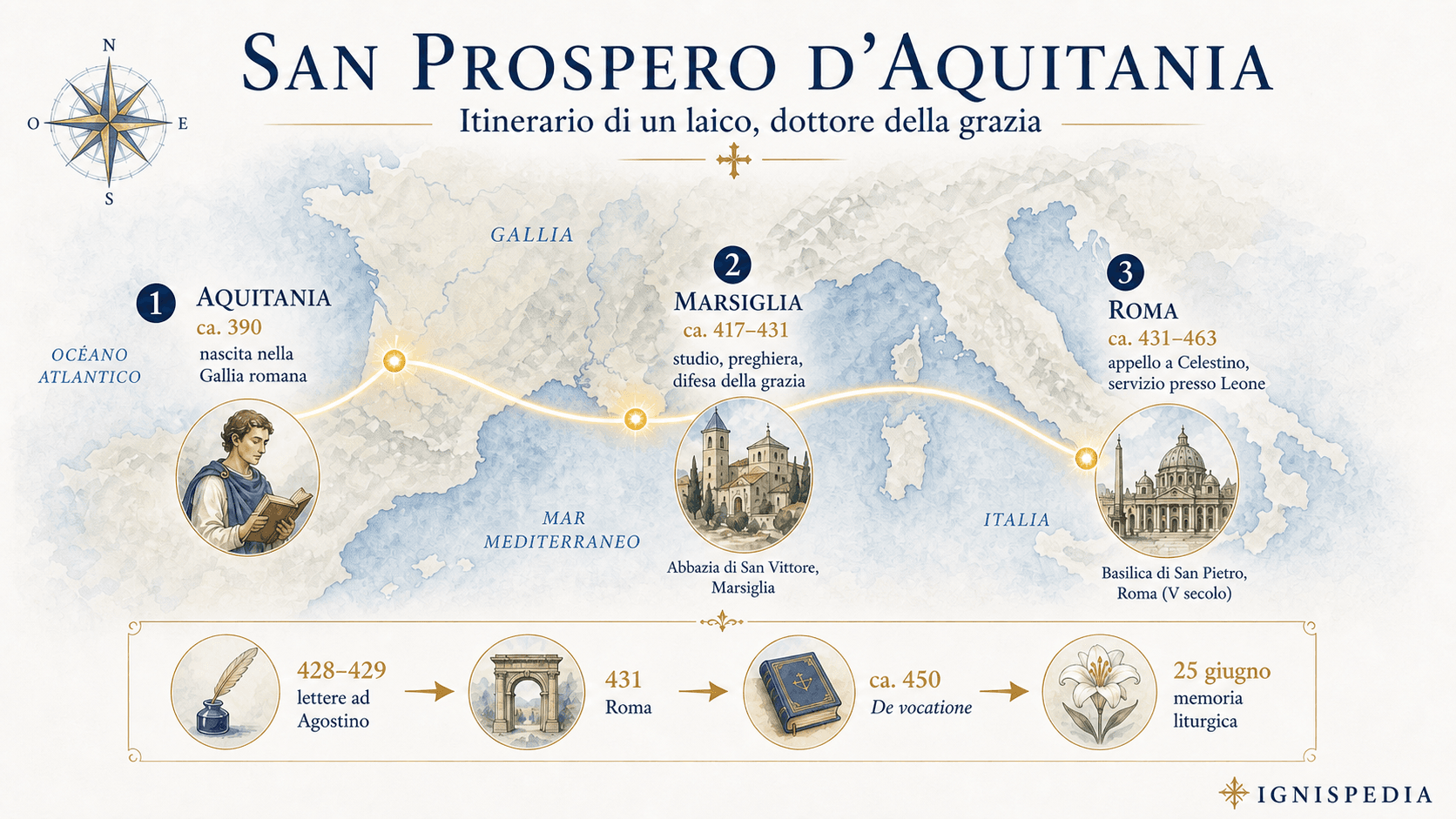 Mappa infografica italiana dell’itinerario di san Prospero d’Aquitania, dall’Aquitania a Marsiglia e Roma.