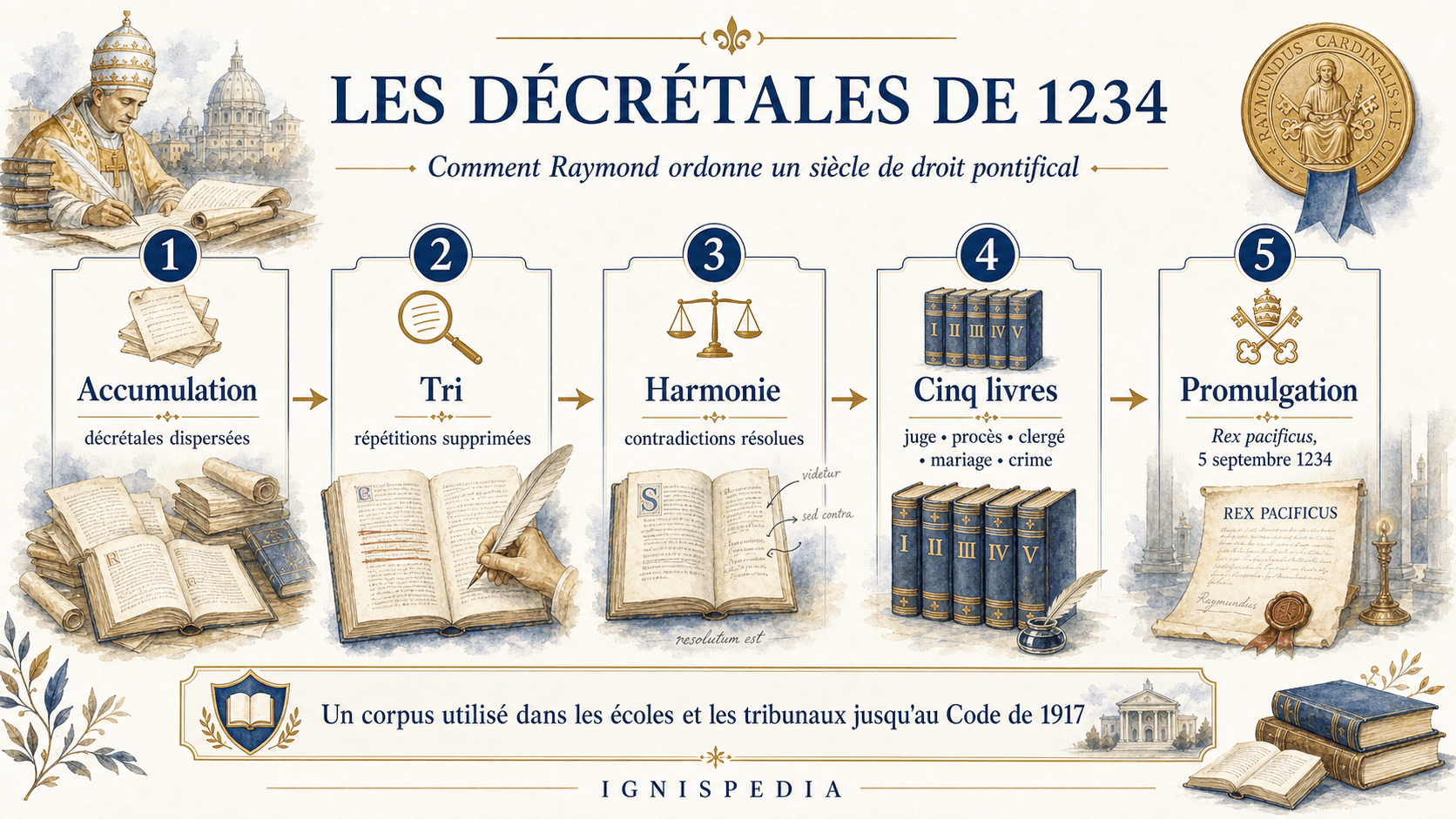 Infographie expliquant la compilation des Décrétales de 1234