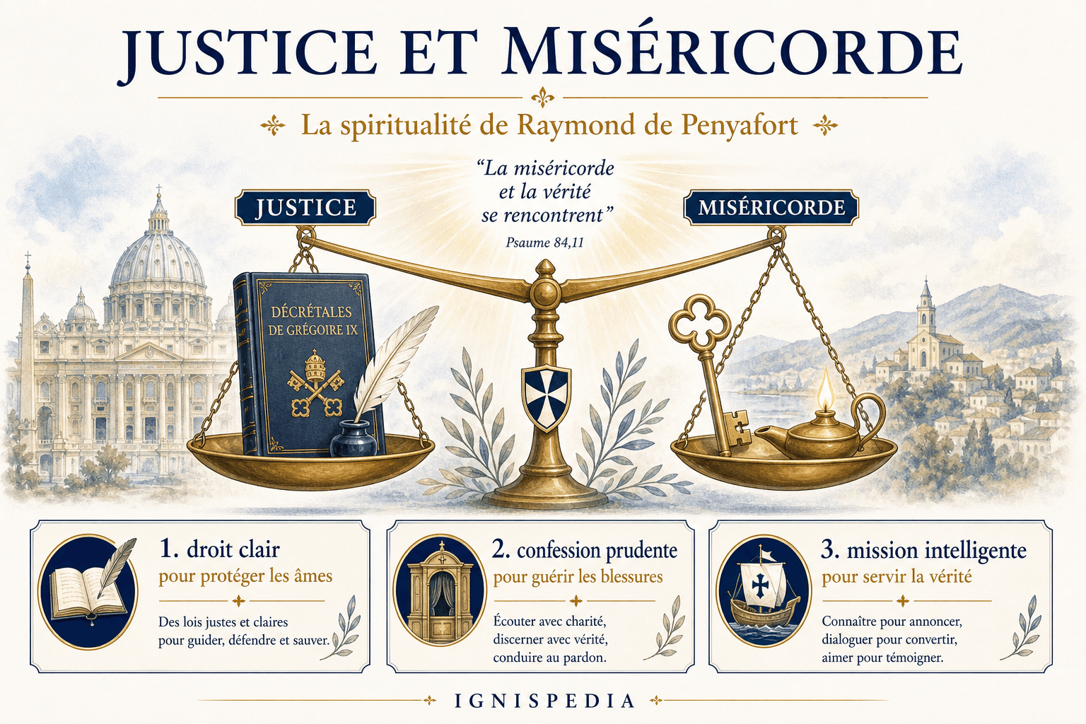 Infographie Justice et Miséricorde sur la spiritualité de saint Raymond de Penyafort