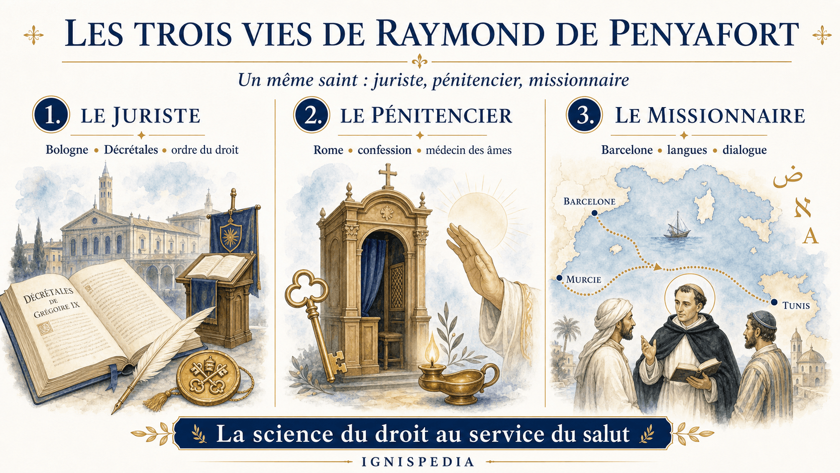 Infographie sur les trois vies de Raymond de Penyafort : juriste, pénitencier, missionnaire