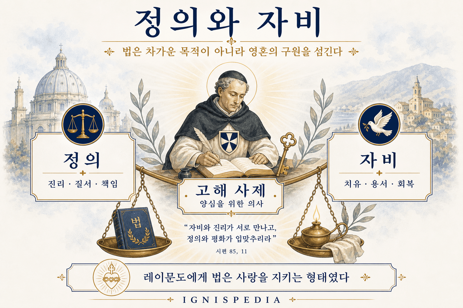 성 레이문도 데 페냐포르트의 영성에서 정의와 자비를 설명하는 인포그래픽