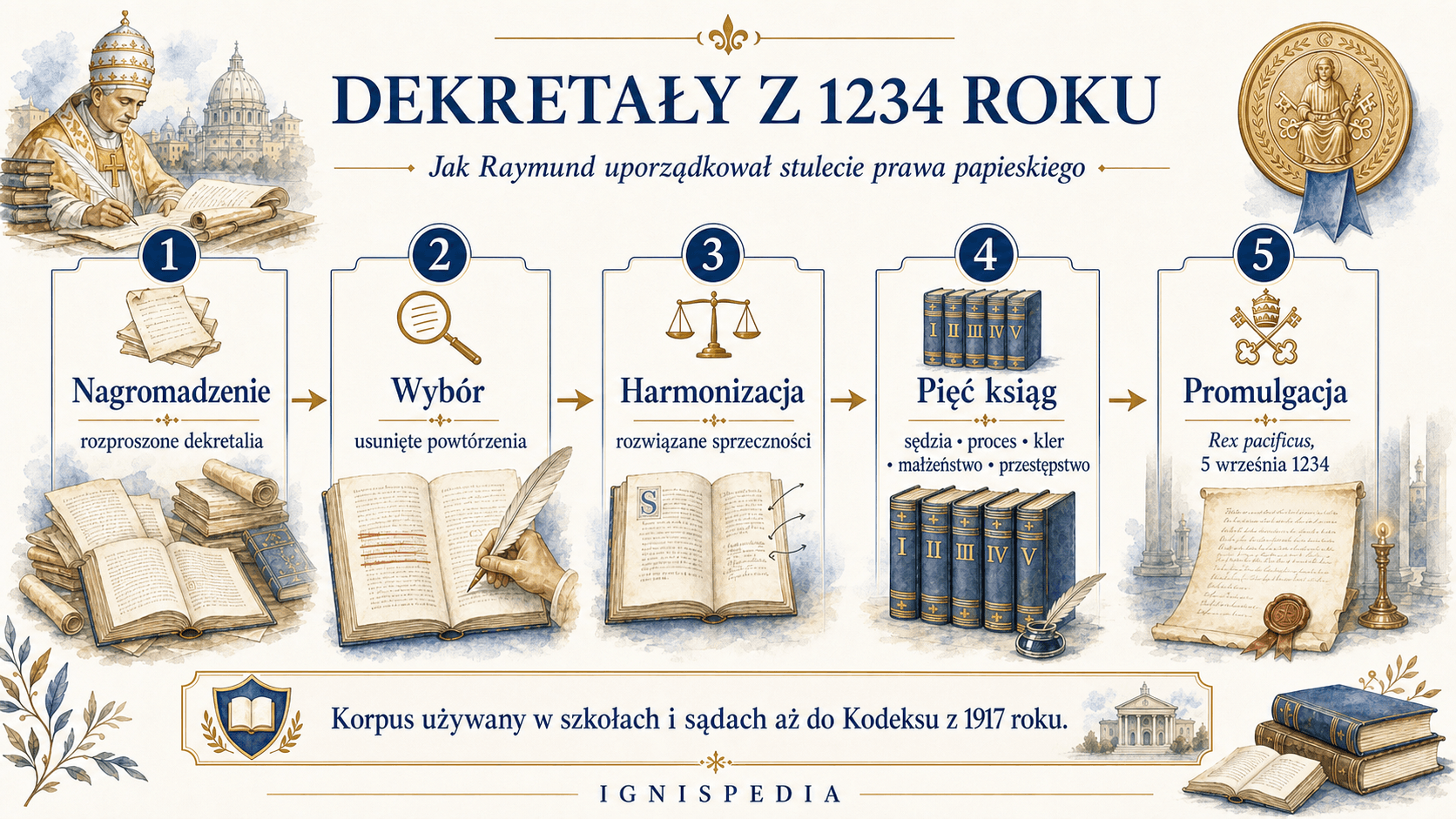 Infografika wyjaśniająca kompilację Dekretałów z 1234 roku