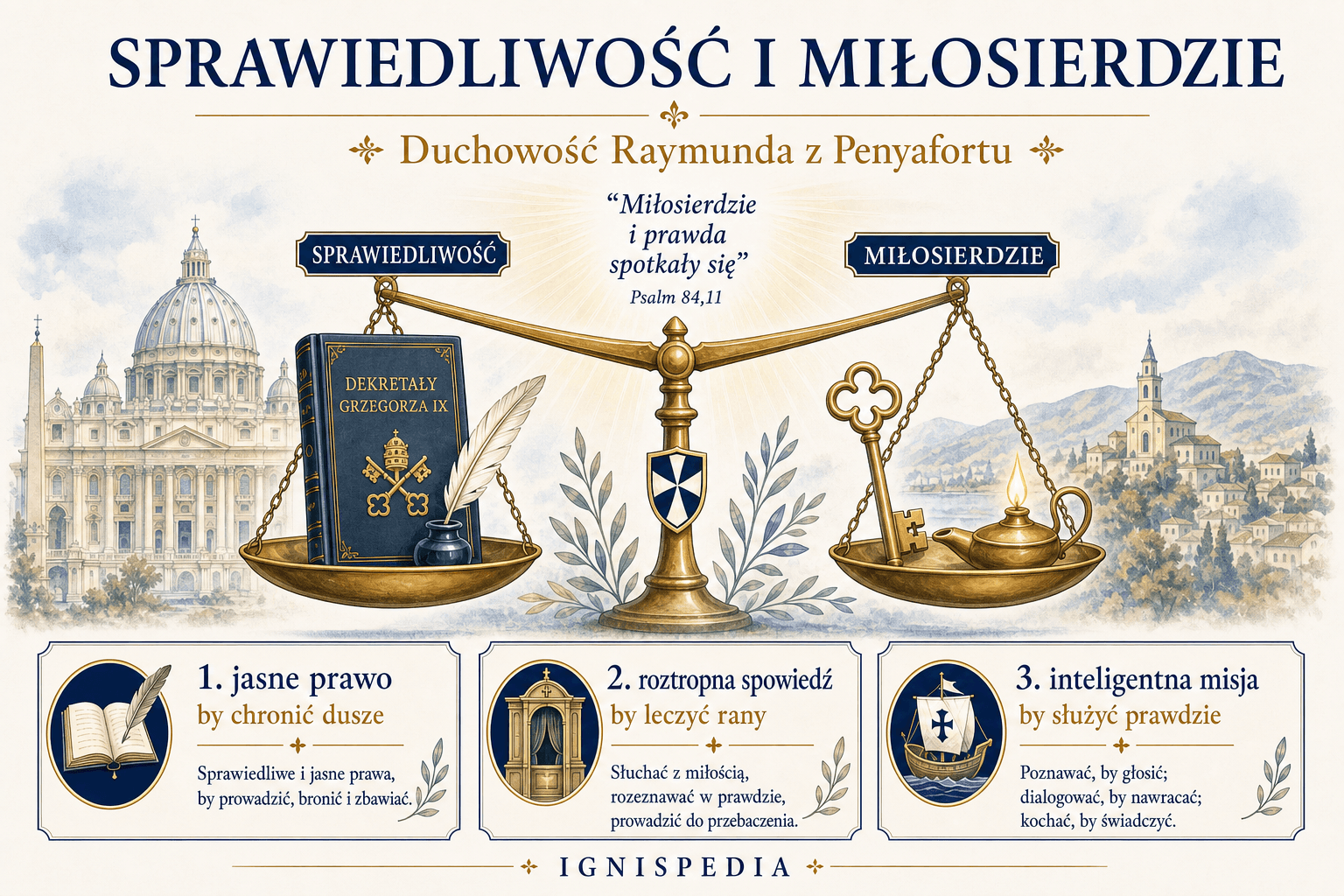 Infografika Sprawiedliwość i Miłosierdzie o duchowości świętego Raymunda z Penyafort