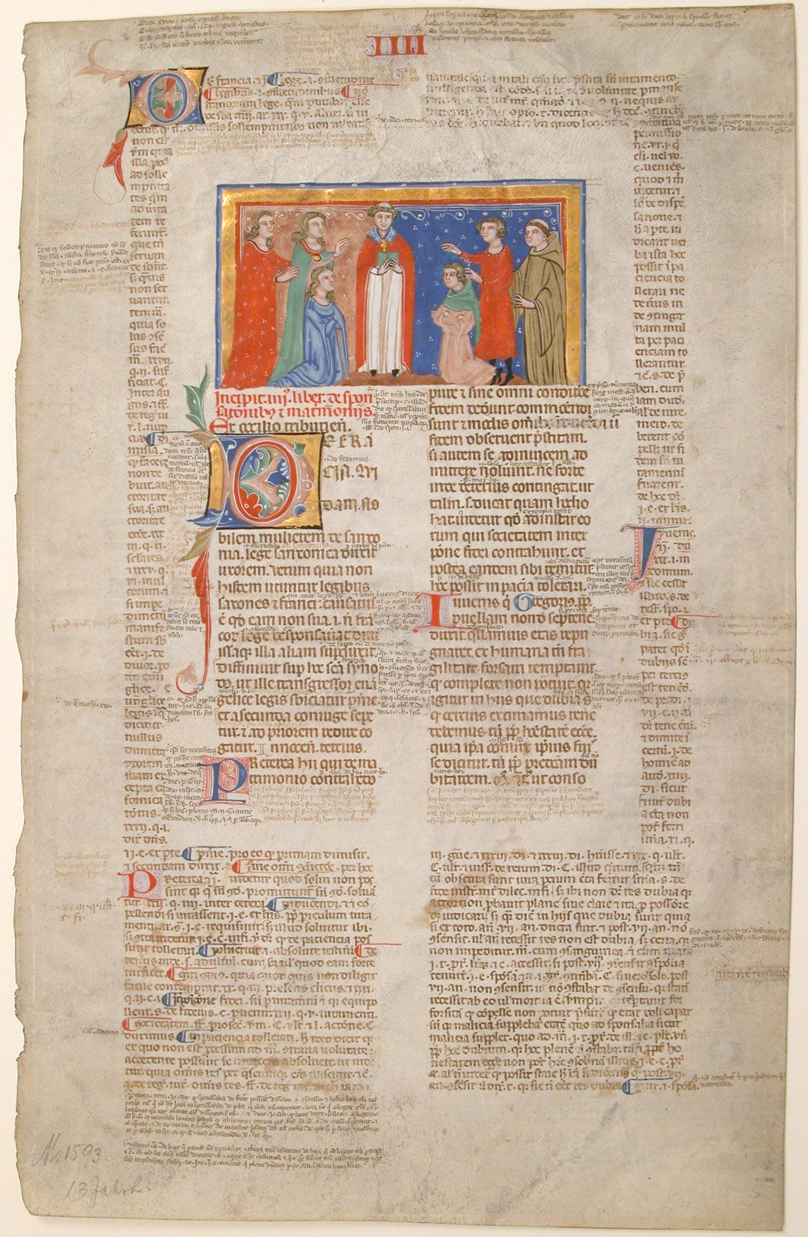 Manuscript leaf from Gregory IX's Decretals with a marriage scene