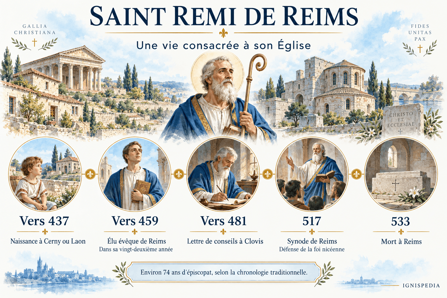 Cinque tappe della vita di san Remigio, dalla nascita verso il 437 alla morte nel 533