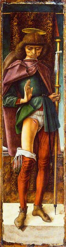 Saint Roch représenté en pèlerin par Carlo Crivelli, avec le bubon sur la cuisse et le chien à ses pieds