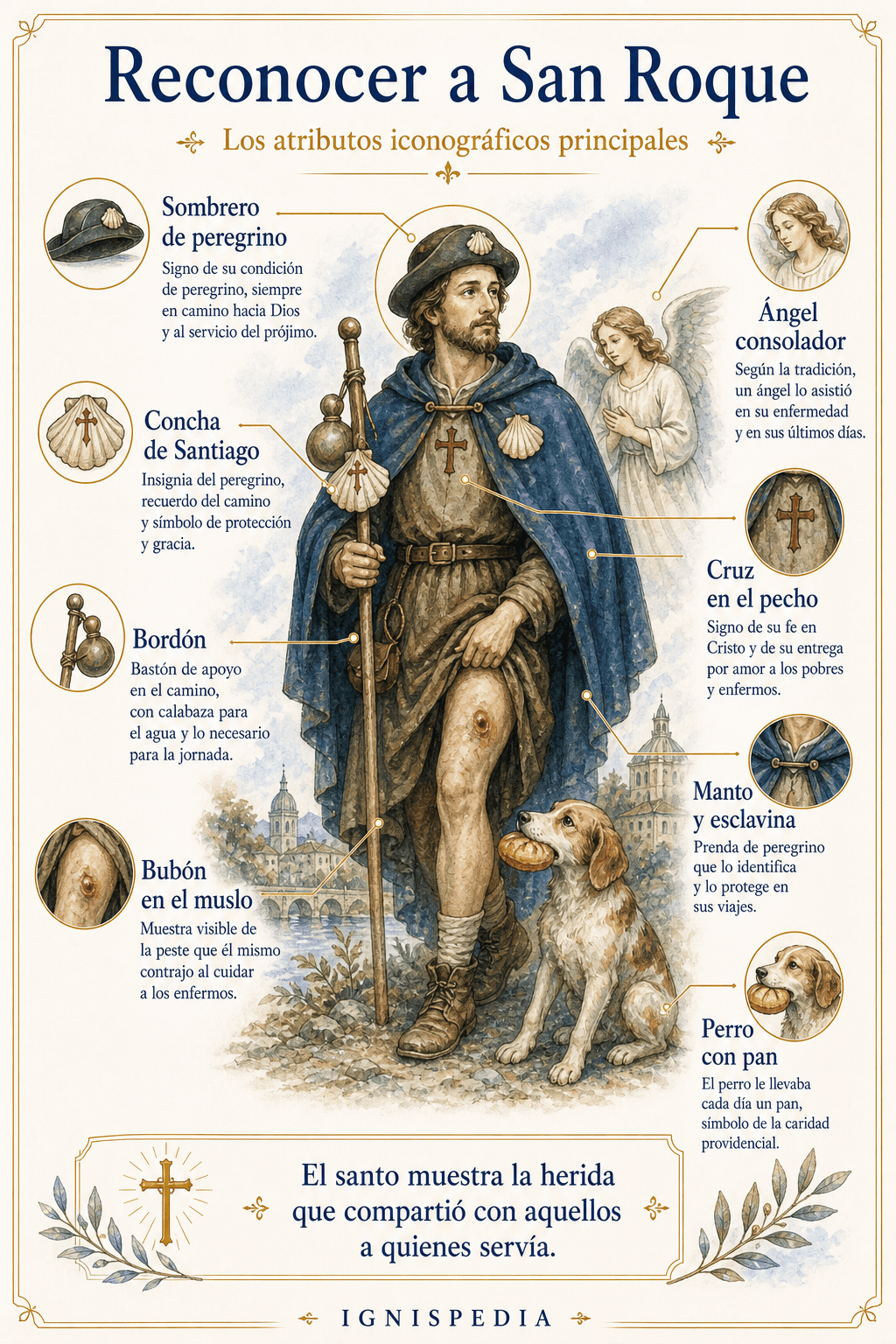 Lámina comentada de los atributos iconográficos de San Roque: sombrero, bordón, concha, bubón, perro con pan y cruz roja.
