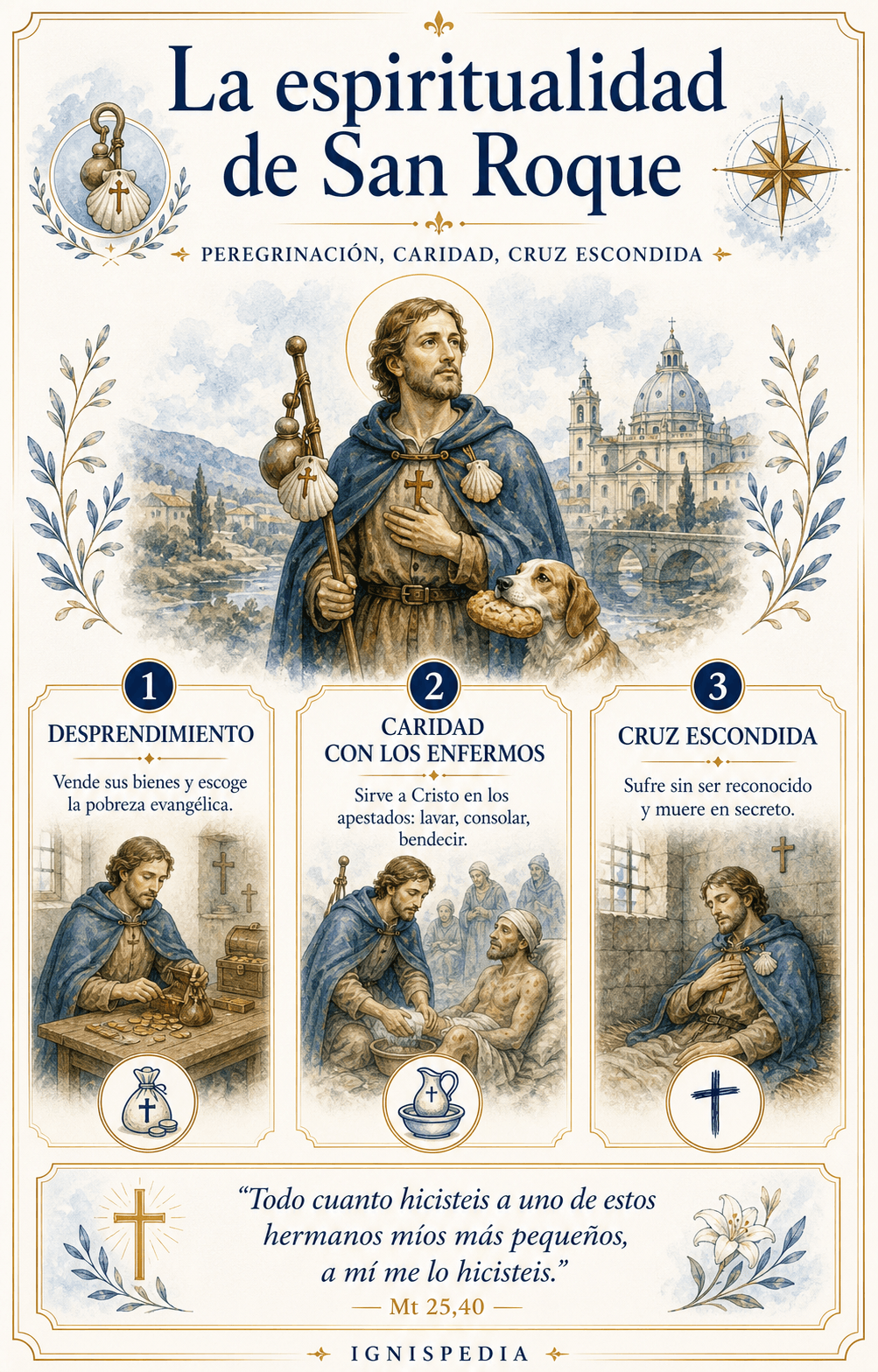 Tríptico que resume la espiritualidad de San Roque: peregrinación, caridad y cruz escondida