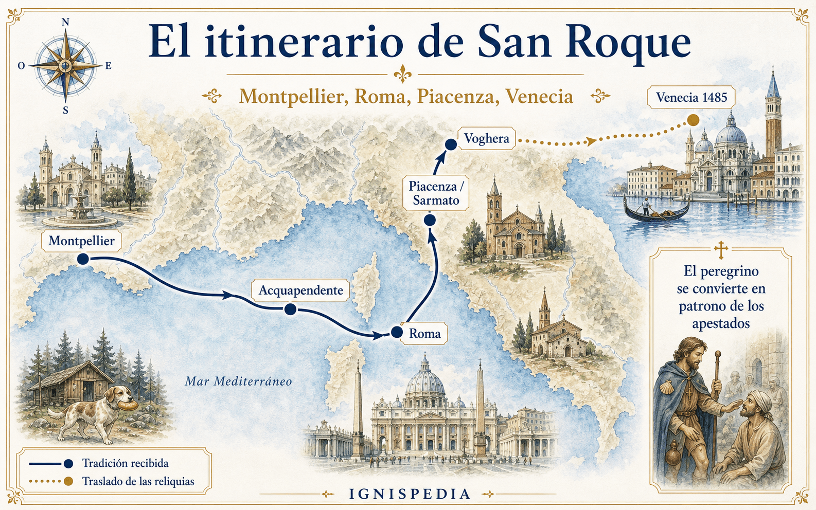 Mapa del recorrido tradicional de San Roque entre Montpellier, Roma, Piacenza, Voghera y Venecia
