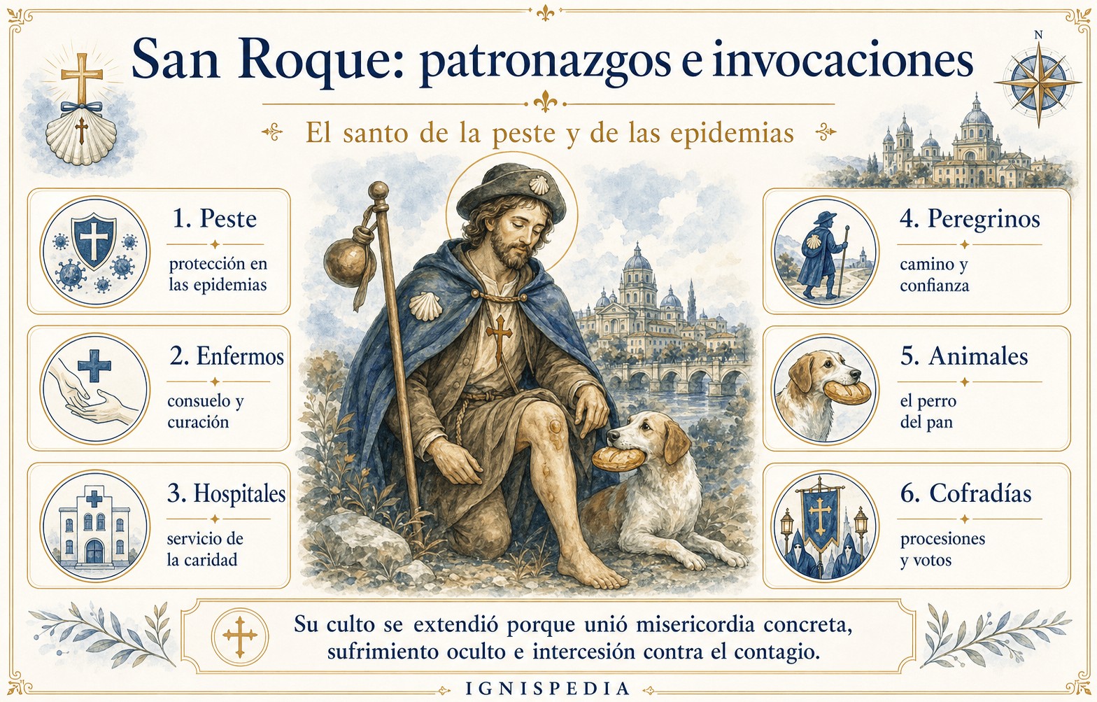 Esquema de los patronatos de San Roque: epidemias, enfermedades de la piel, presos, cuidadores, peregrinos y perros