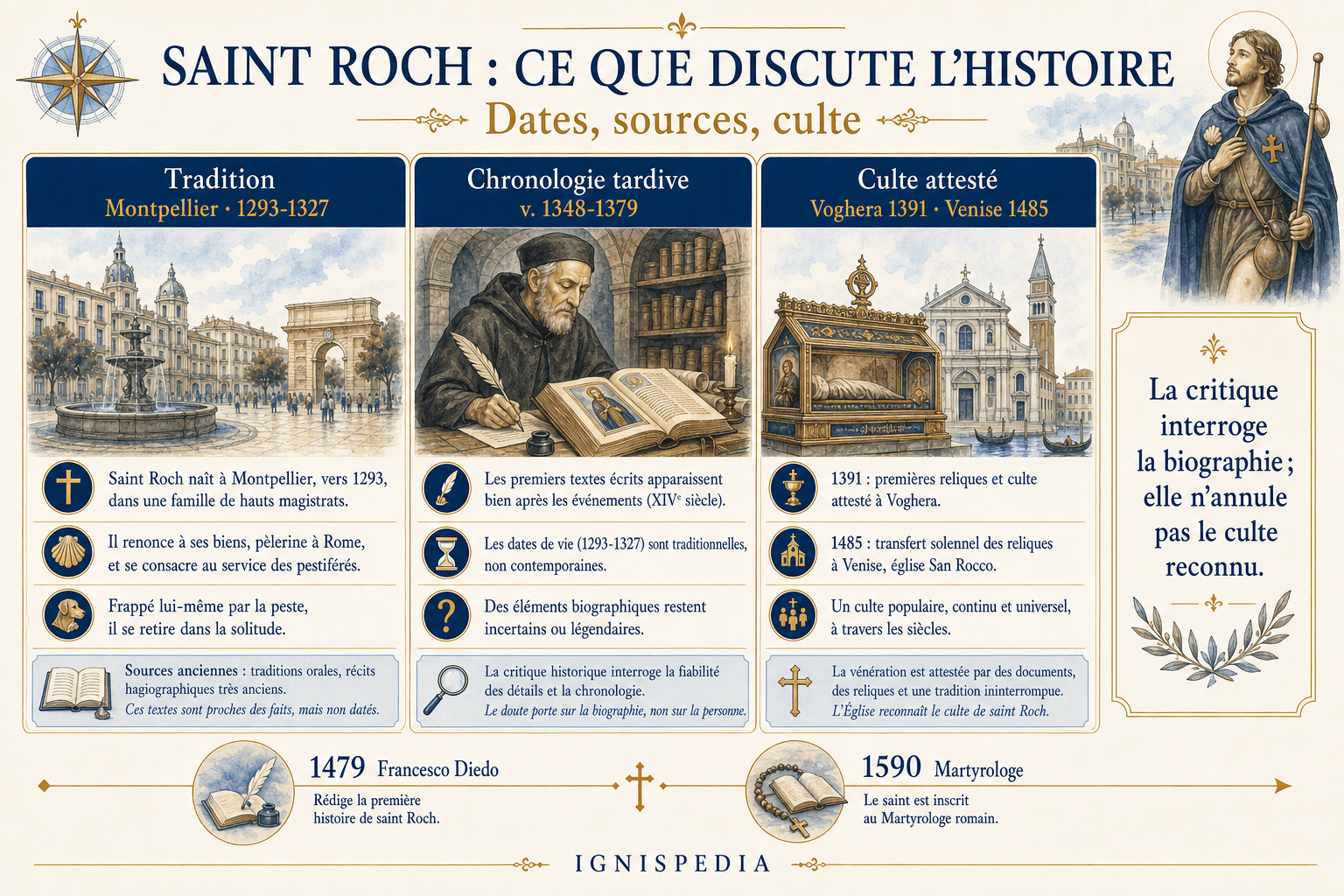 Schéma comparant la tradition reçue, la chronologie tardive et l'hypothèse de Pierre Bolle sur saint Roch