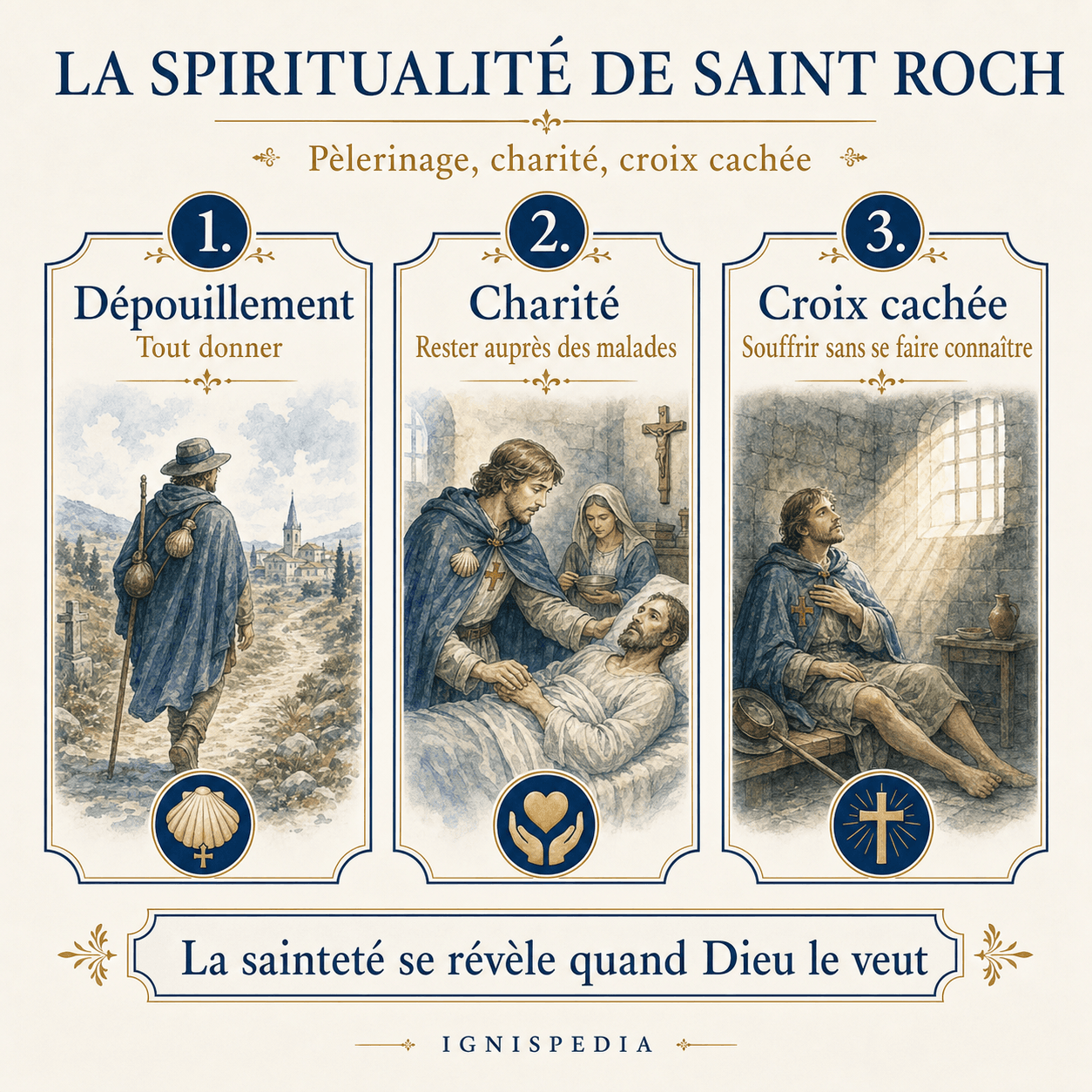 Triptyque résumant la spiritualité de saint Roch : pèlerinage, charité et croix cachée