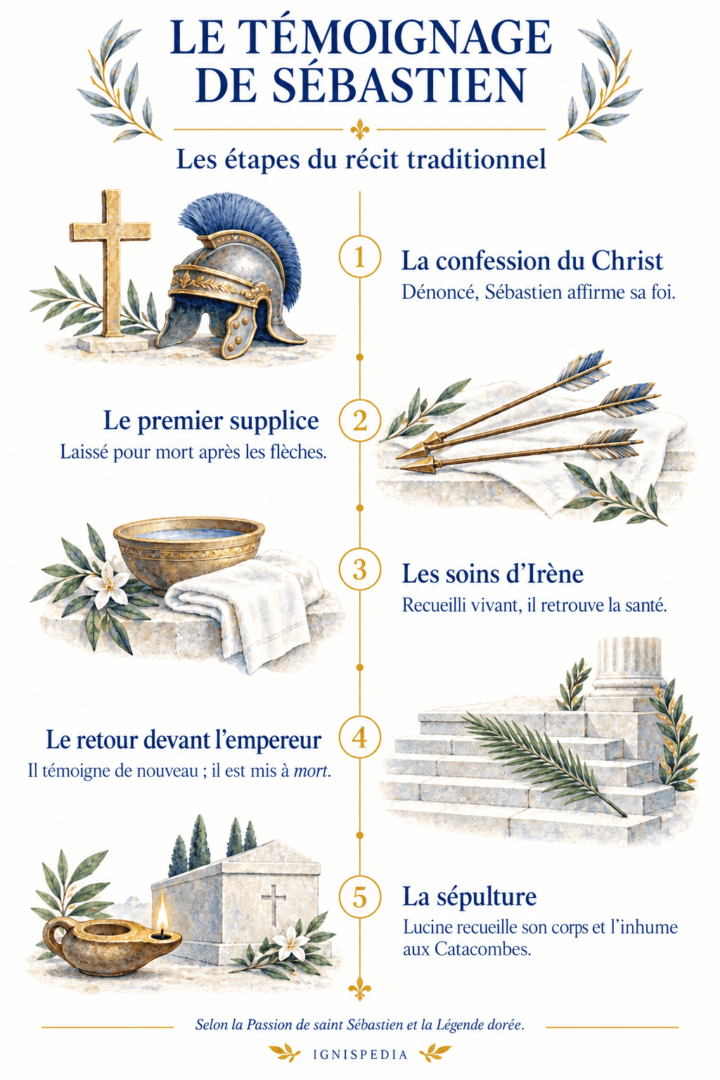 Les cinq étapes du récit traditionnel, de la confession du Christ à la sépulture aux Catacombes