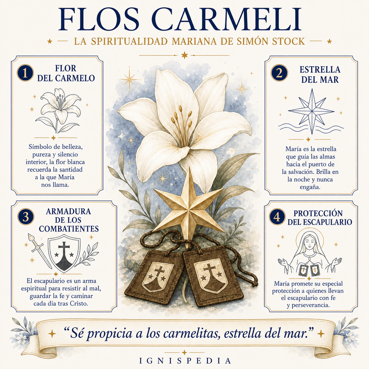 Infografía sobre el Flos Carmeli mostrando la flor del Carmelo, la estrella del mar, la armadura de los combatientes y la protección del escapulario.