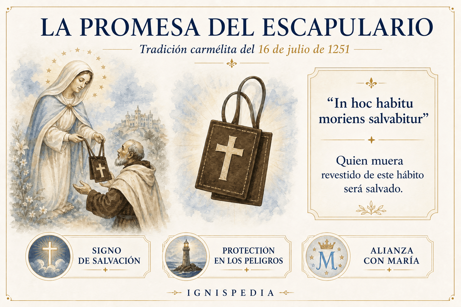 Infografía de la promesa del escapulario con la fecha del 16 de julio de 1251, el escapulario marrón y la fórmula latina In hoc habitu moriens salvabitur.