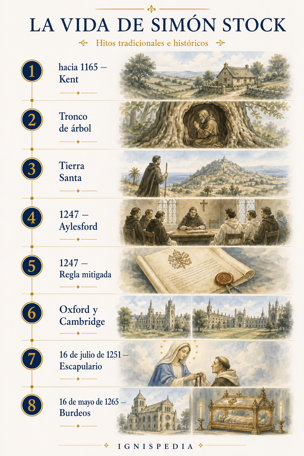 Friso ilustrado de la vida de san Simón Stock, desde Kent a Burdeos pasando por Aylesford, la mitigación de la regla y la tradición del escapulario.