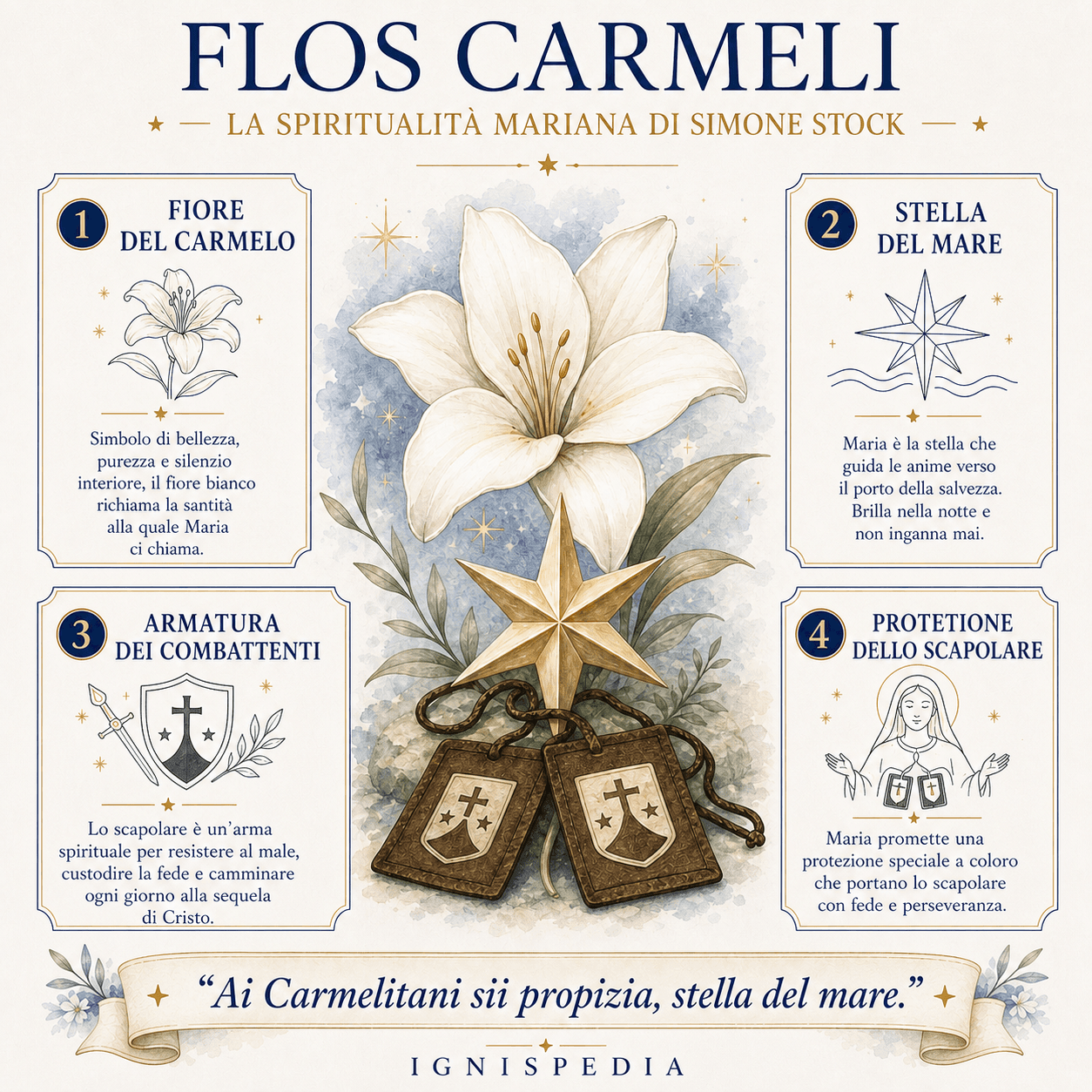 Infografica sul Flos Carmeli che mostra il fiore del Carmelo, la stella del mare, l’armatura dei combattenti e la protezione dello scapolare.