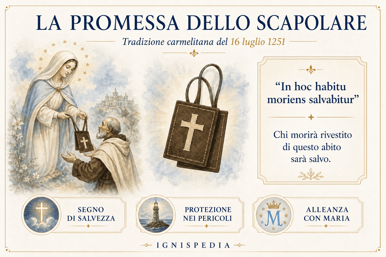 Infografica della promessa dello scapolare con la data del 16 luglio 1251, lo scapolare marrone e la formula latina In hoc habitu moriens salvabitur.