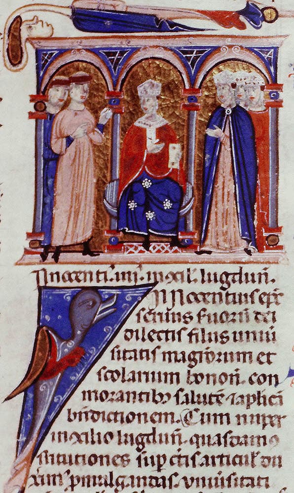 Innozenz IV. auf dem Konzil von Lyon, Miniatur einer Handschrift des 13. Jahrhunderts.