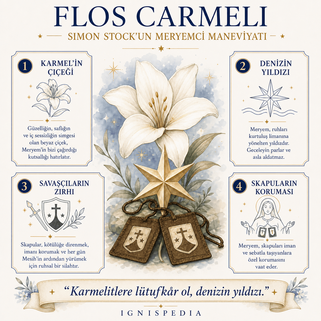 Karmel’in çiçeğini, deniz yıldızını, savaşçıların zırhını ve skapulyer korumasını gösteren Flos Carmeli hakkında infografik.