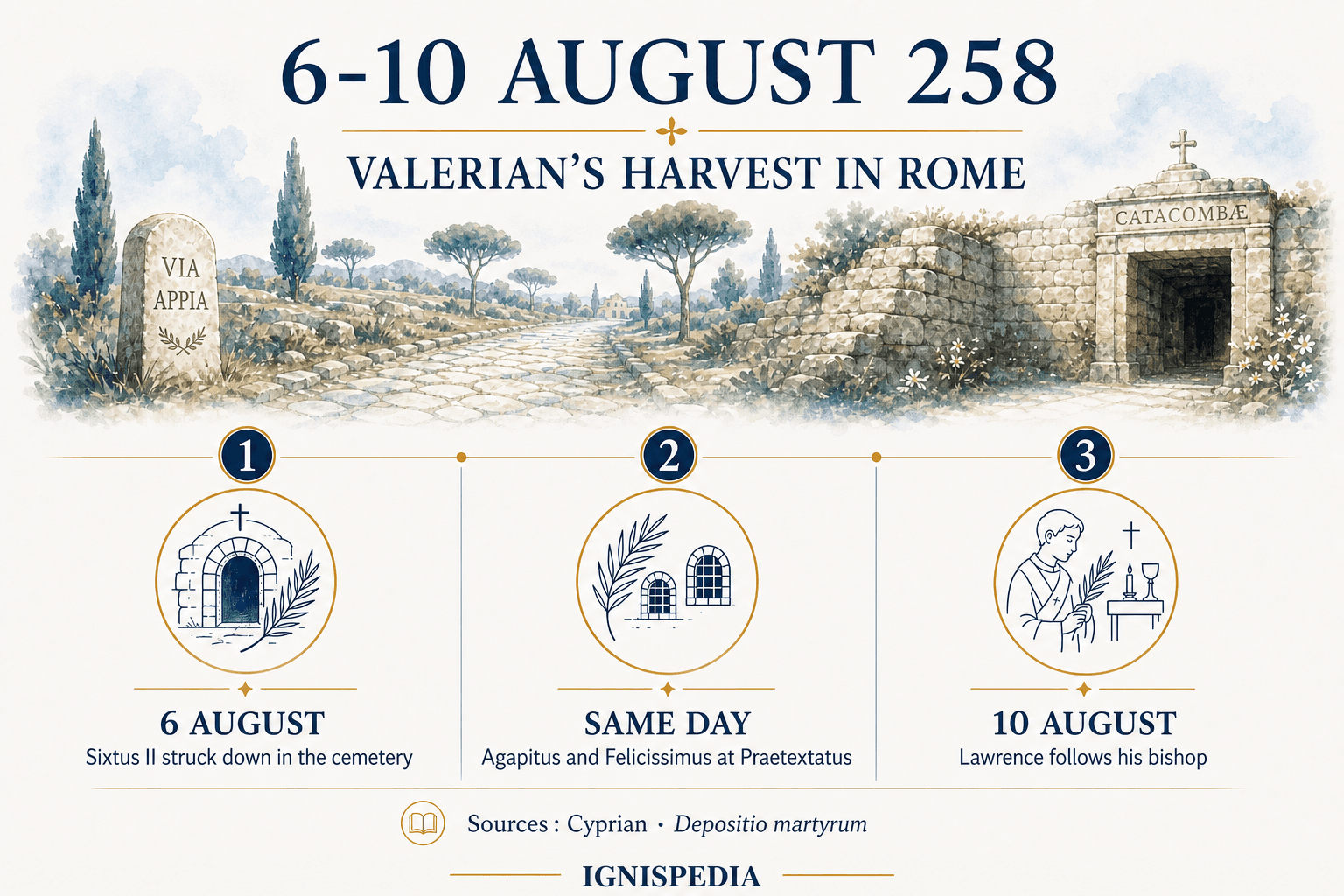 Ignispedia timeline of the Roman martyrs from 6 to 10 August 258