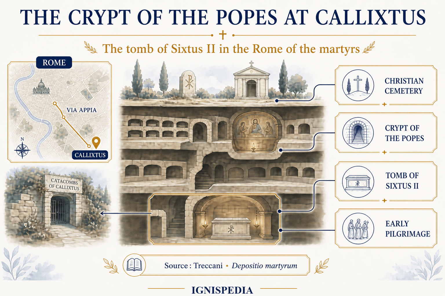 Ignispedia infographic locating the Crypt of the Popes at the Catacomb of Callixtus