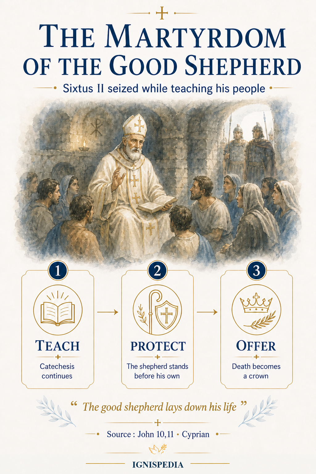 Ignispedia infographic presenting Saint Sixtus II as a martyr of the Good Shepherd
