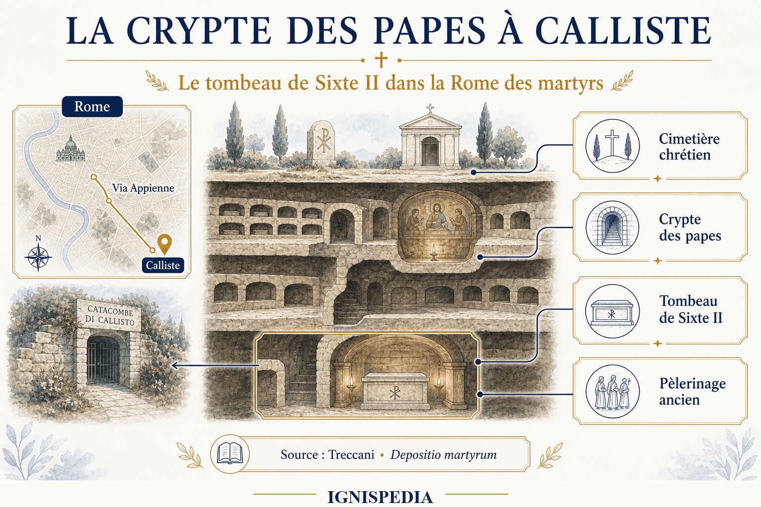 Infographie Ignispedia situant la crypte des papes à Calliste