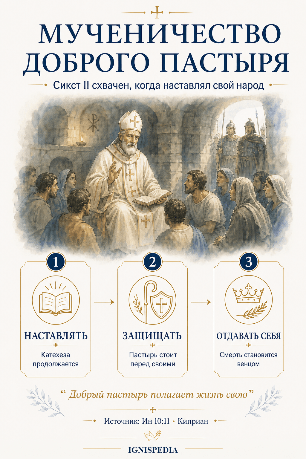 Инфографика Ignispedia о святом Сиксте II как мученике и добром пастыре