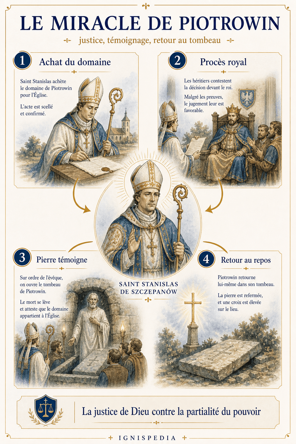 Infografía en cuatro etapas sobre el milagro de Piotrowin atribuido a san Estanislao
