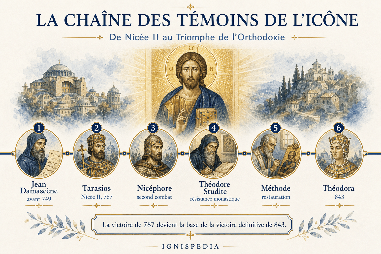 Infographie Ignispedia présentant la chaîne des témoins byzantins de l'icône, de Jean Damascène à sainte Théodora