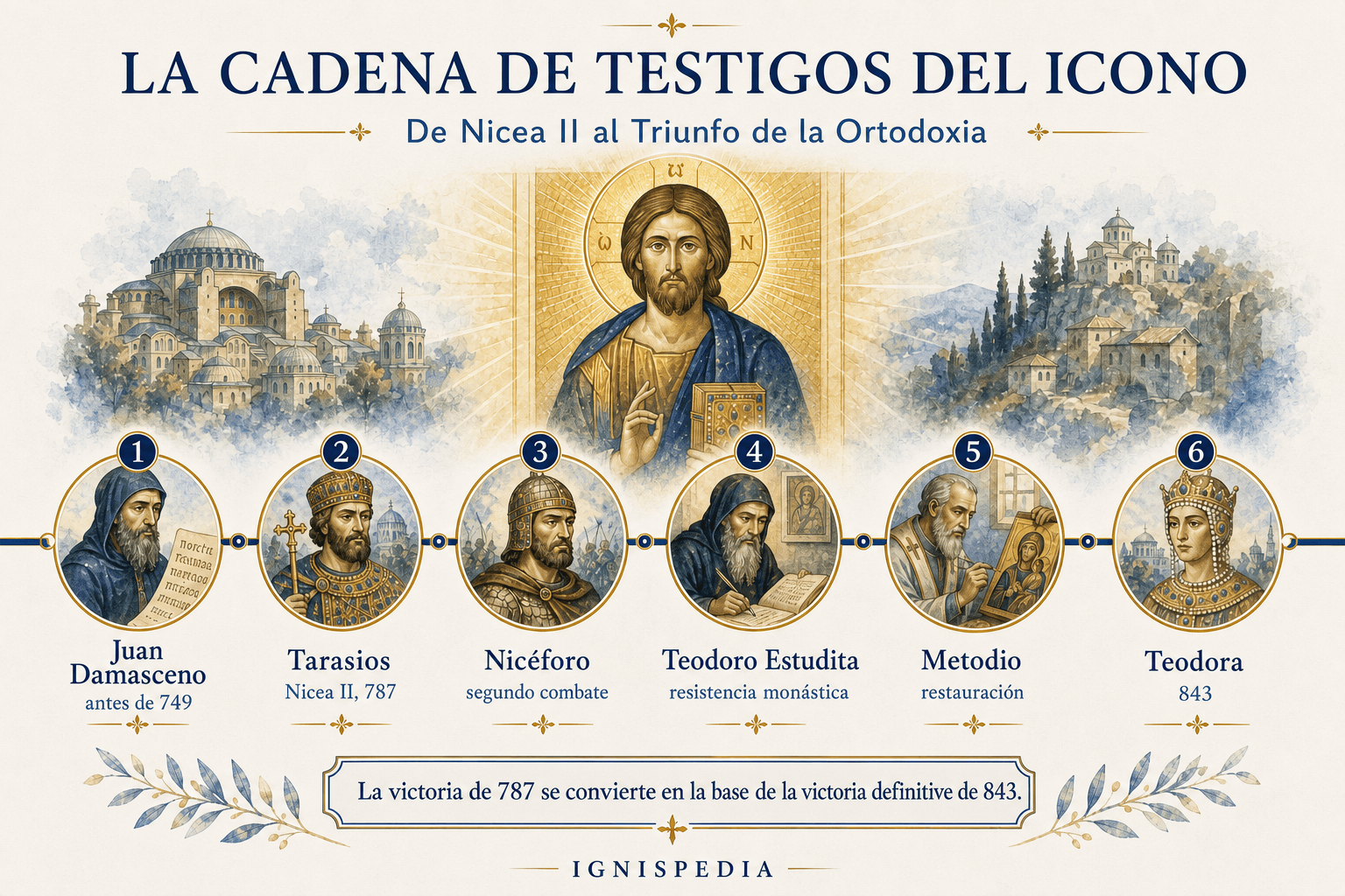 Infografía Ignispedia que muestra la cadena de testigos bizantinos del icono, desde Juan Damasceno hasta santa Teodora