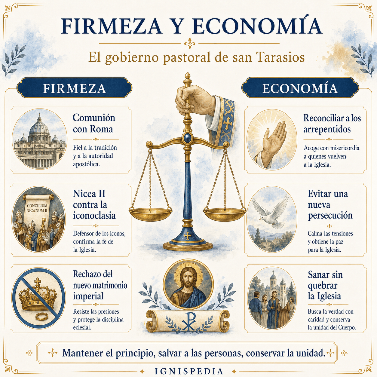 Infografía Ignispedia que compara la firmeza doctrinal y la economía pastoral de san Tarasios