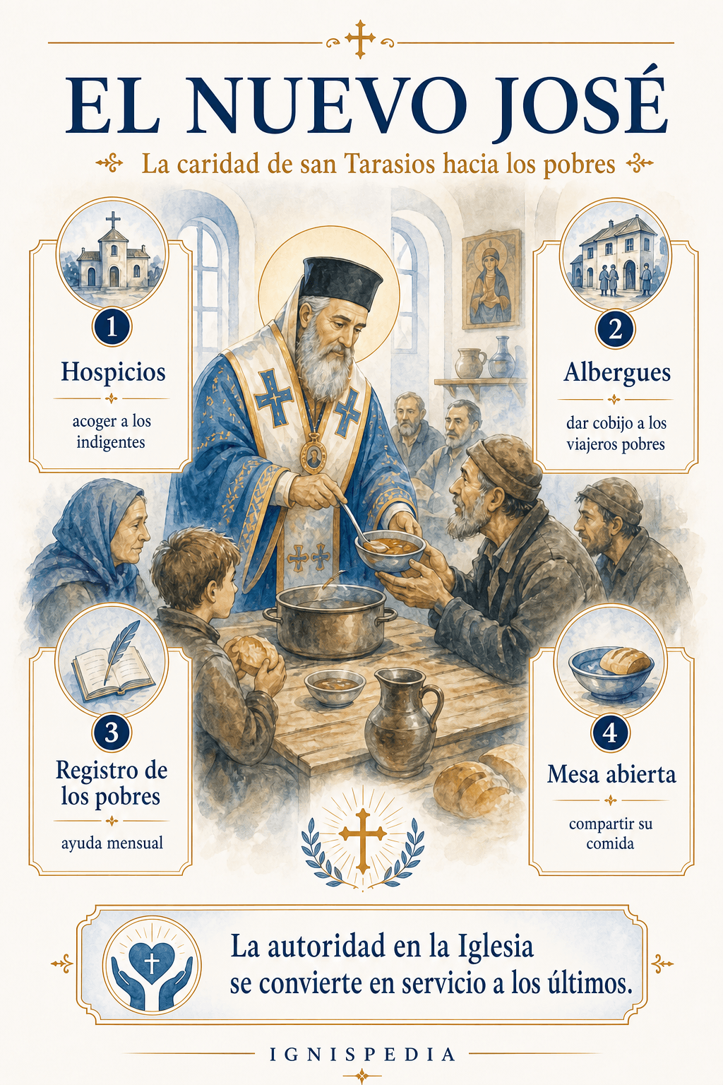 Infografía Ignispedia sobre la caridad de san Tarasios hacia los pobres, los hospicios y la mesa abierta
