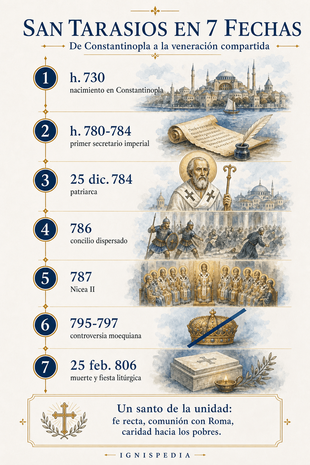 Infografía Ignispedia que presenta a san Tarasios de Constantinopla en siete fechas clave