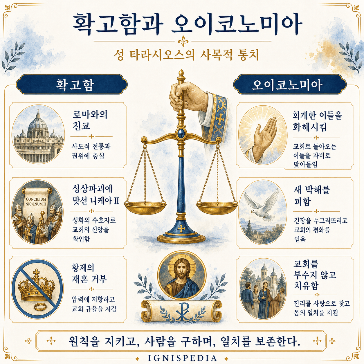 성 타라시오스의 교리적 엄격함과 목회적 오이코노미아를 비교한 Ignispedia 인포그래픽