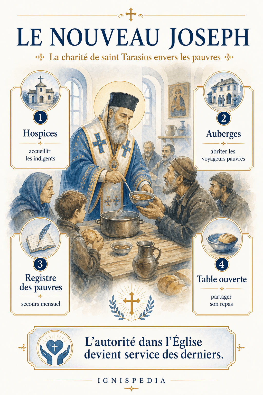 Infographie Ignispedia sur la charité de saint Tarasios envers les pauvres, les hospices et la table ouverte