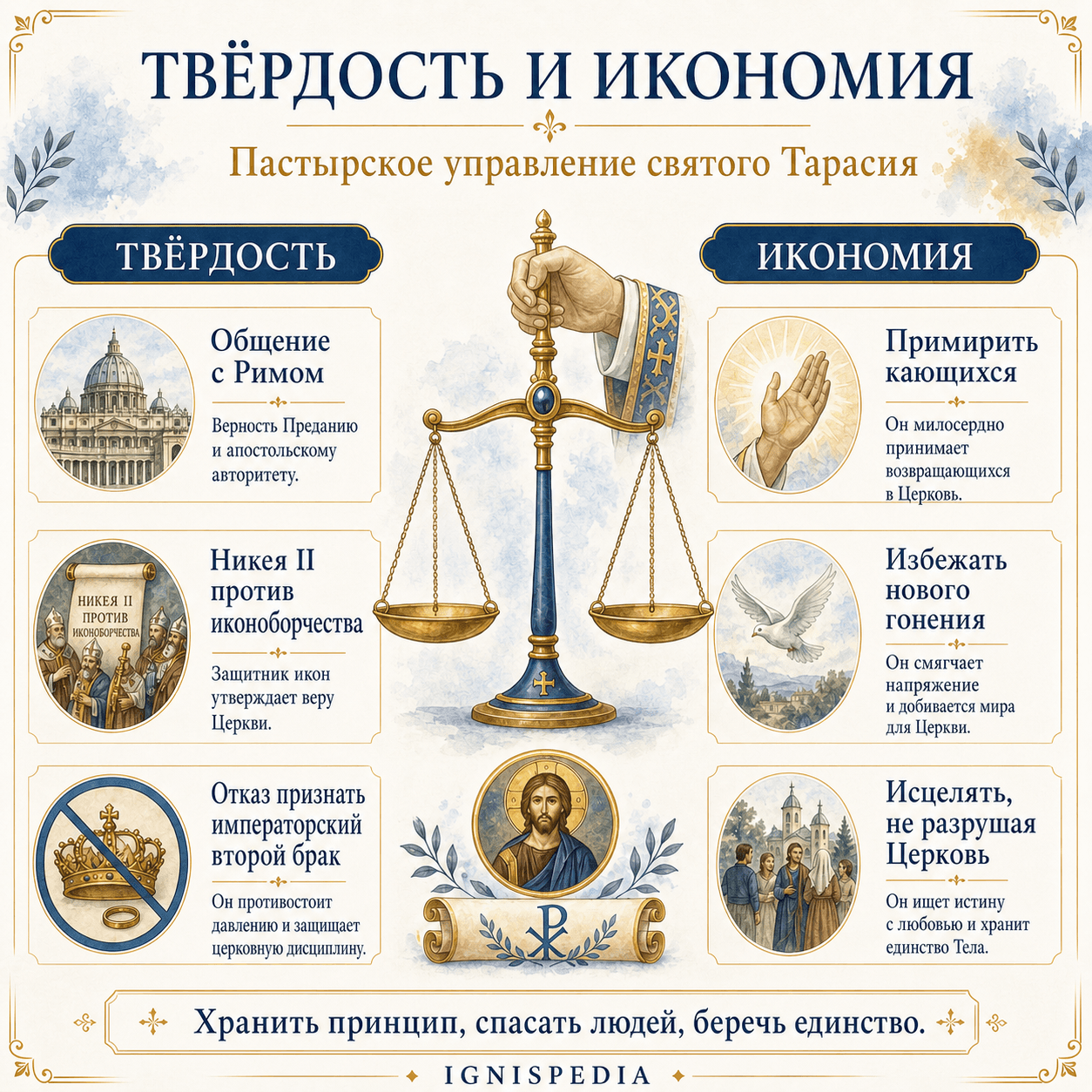 Инфографика Ignispedia, сравнивающая доктринальную твёрдость и пастырскую икономию святого Тарасия