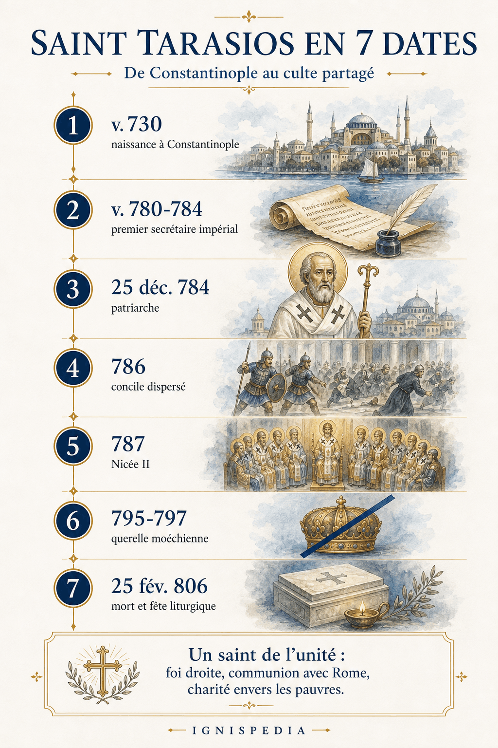 Infographie Ignispedia présentant saint Tarasios de Constantinople en sept dates principales