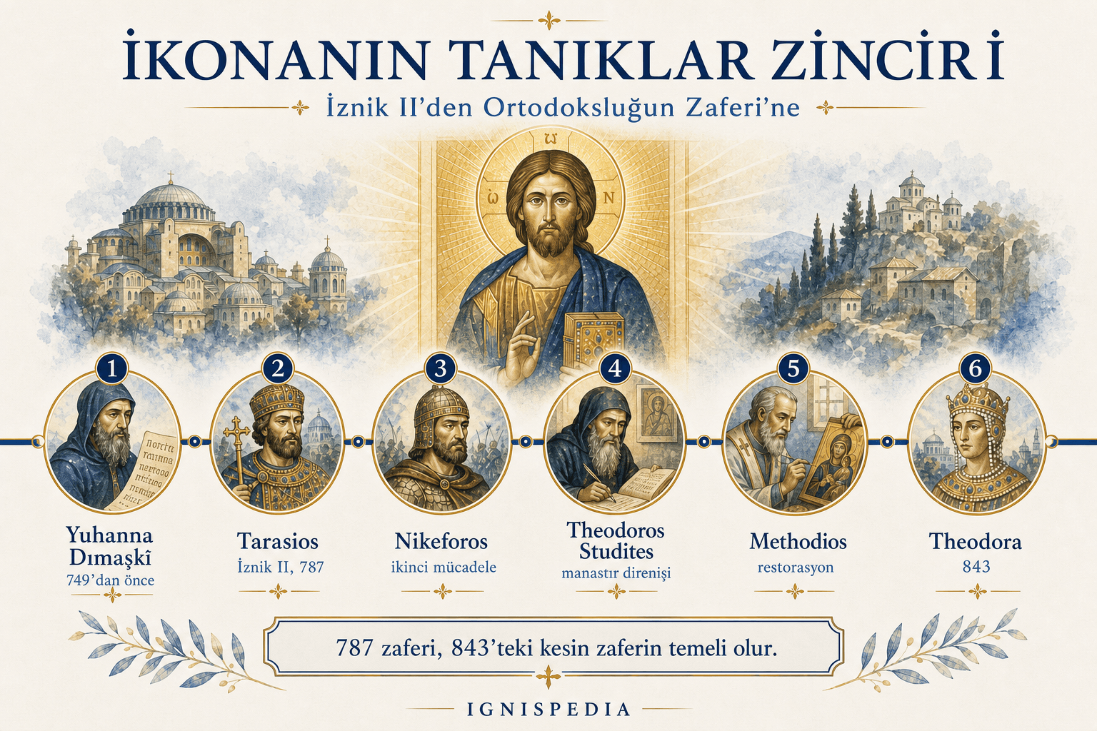 Ignispedia infografiği: Bizans ikon savunucularının zinciri, Yuhanna Damascenus'tan Azize Theodora'ya