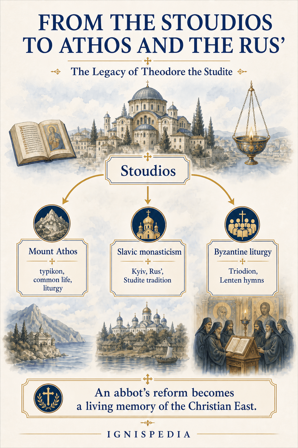 Infographic of Saint Theodore the Studite’s legacy from the Stoudios to Mount Athos and Rus’
