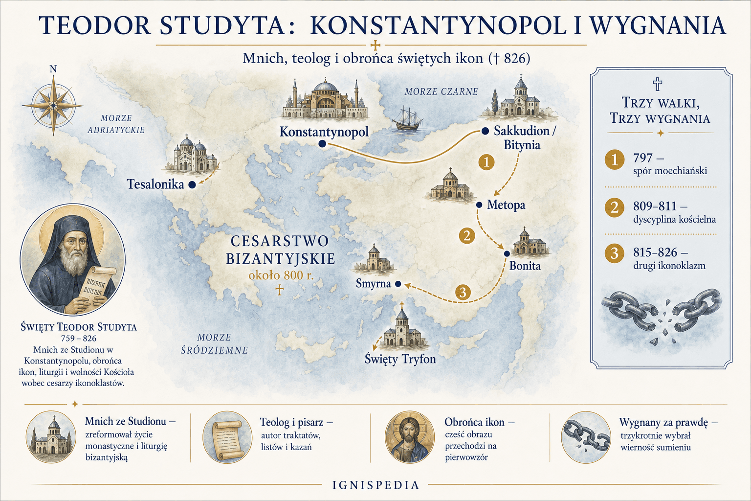 Infograficzna mapa Konstantynopola, Sakkoudion i miejsc wygnania św. Teodora Studyty
