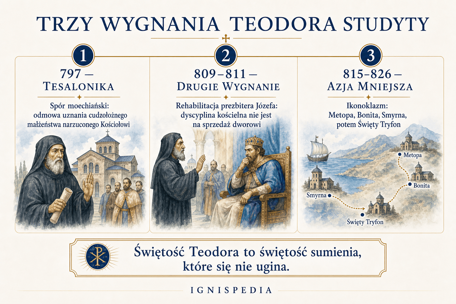 Fryz infograficzny przedstawiający trzy wygnania Studyty św. Teodora