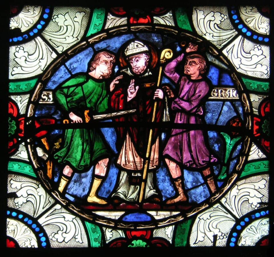 The murder of Saint Thomas Becket, medieval stained glass, Canterbury Cathedral