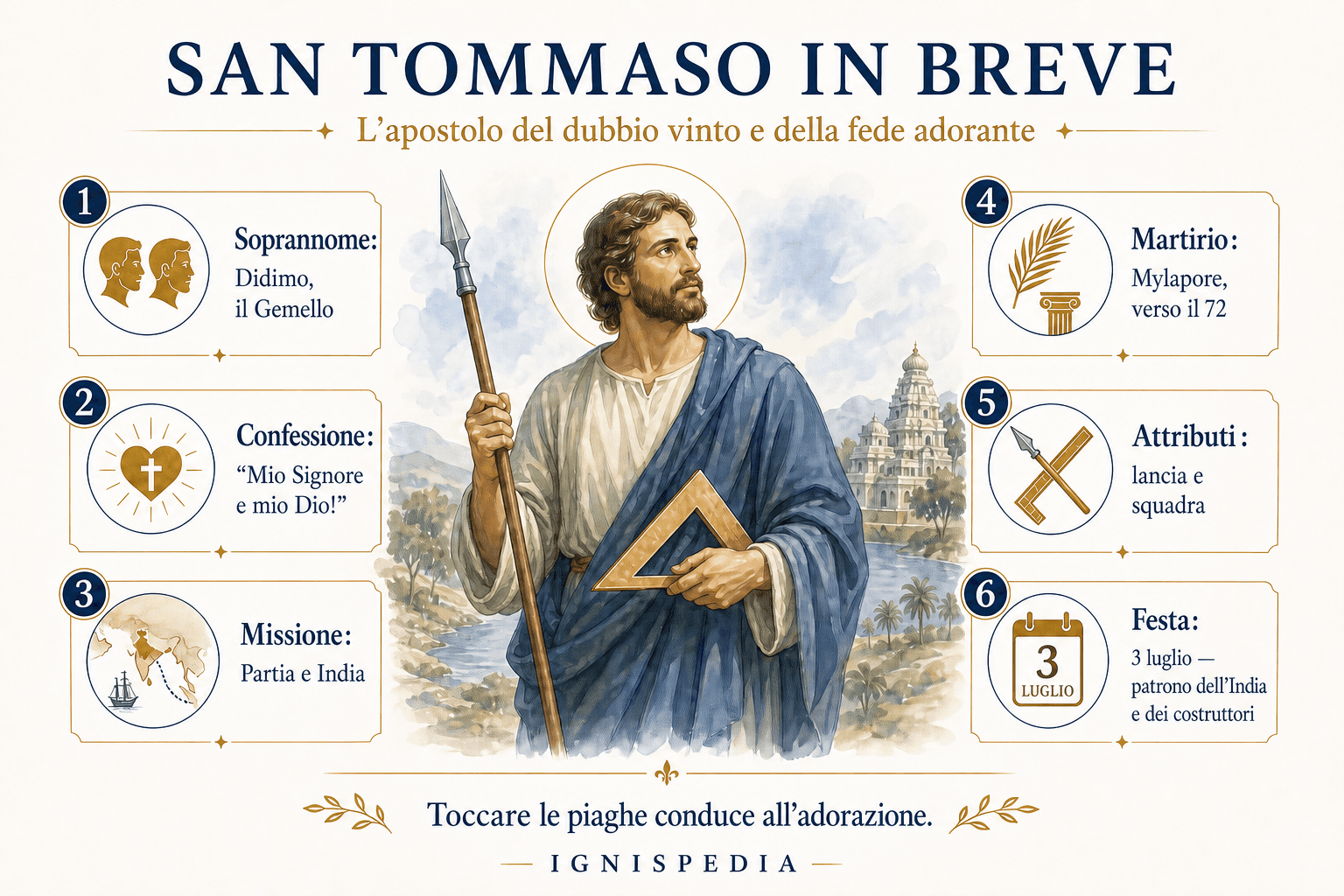 Infografica Ignispedia che riassume san Tommaso Apostolo: Didimo, confessione di fede, missione, martirio, attributi e festa