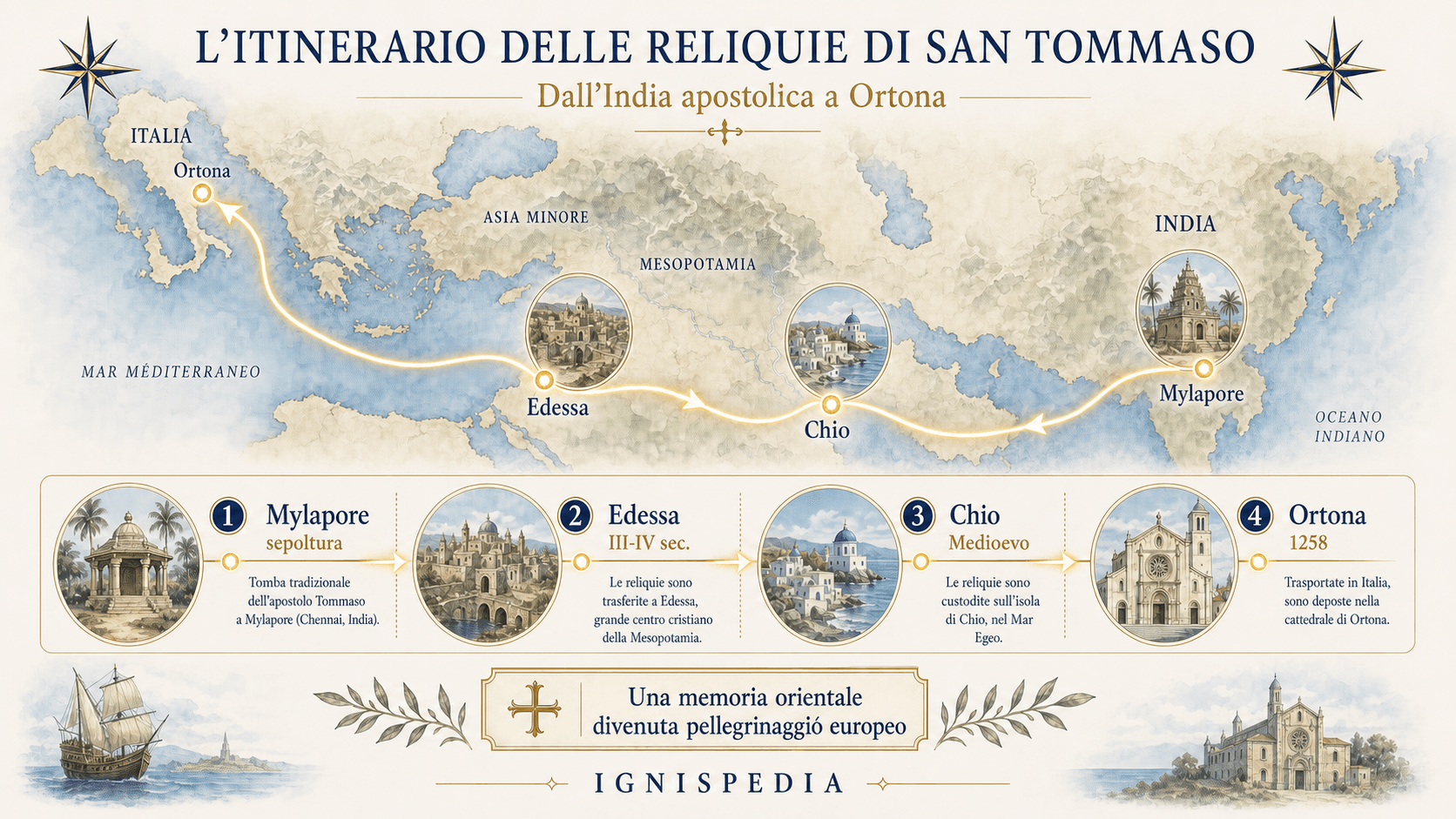 Carta-cronologia Ignispedia dell’itinerario delle reliquie di san Tommaso da Mylapore a Edessa, Chios e Ortona