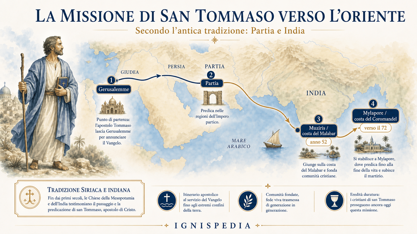 Mappa Ignispedia della missione tradizionale di san Tommaso da Gerusalemme verso la Partia, Muziris e Mylapore