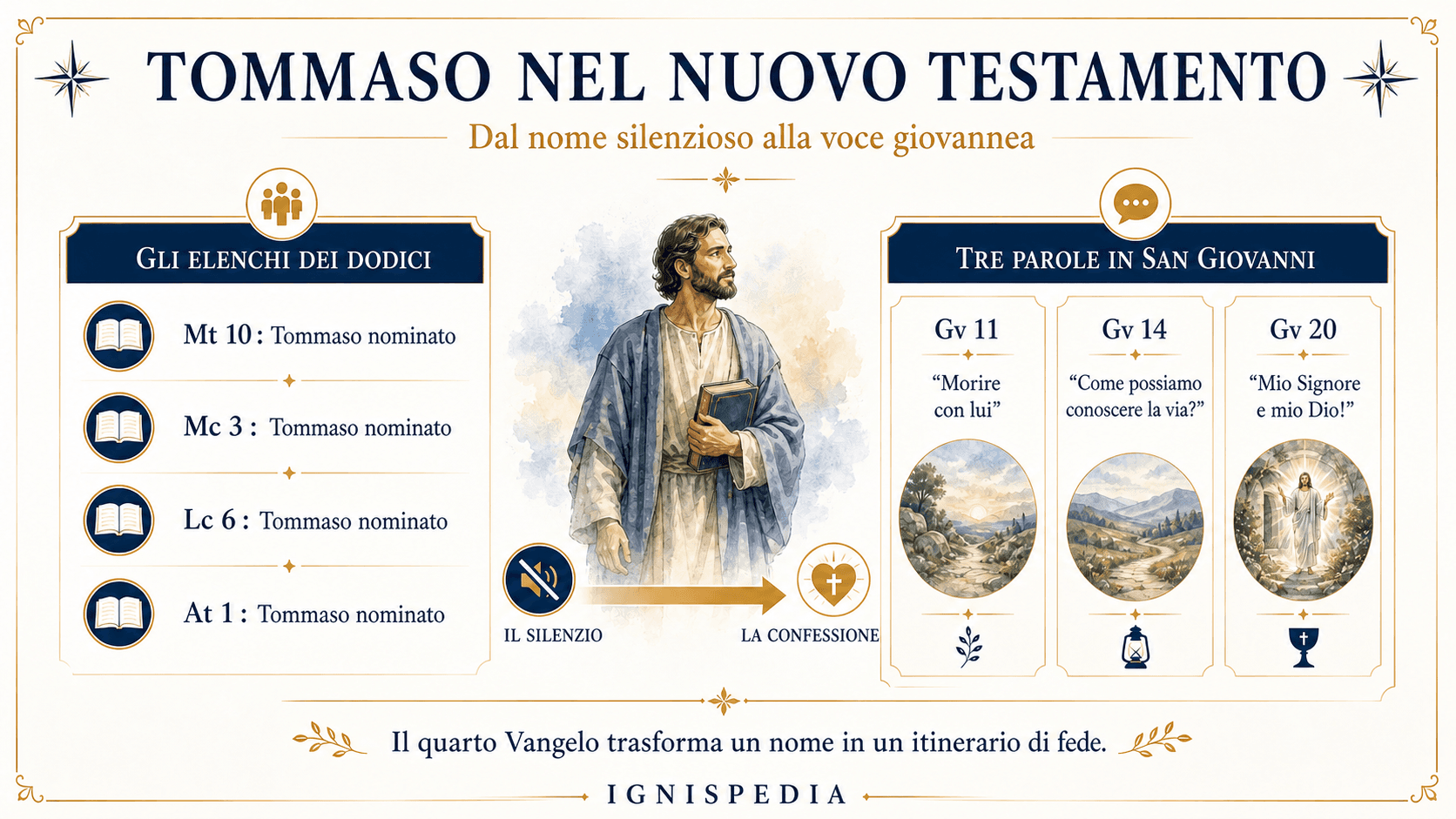 Infografica Ignispedia che mostra san Tommaso negli elenchi dei Dodici e nelle tre grandi scene proprie di san Giovanni