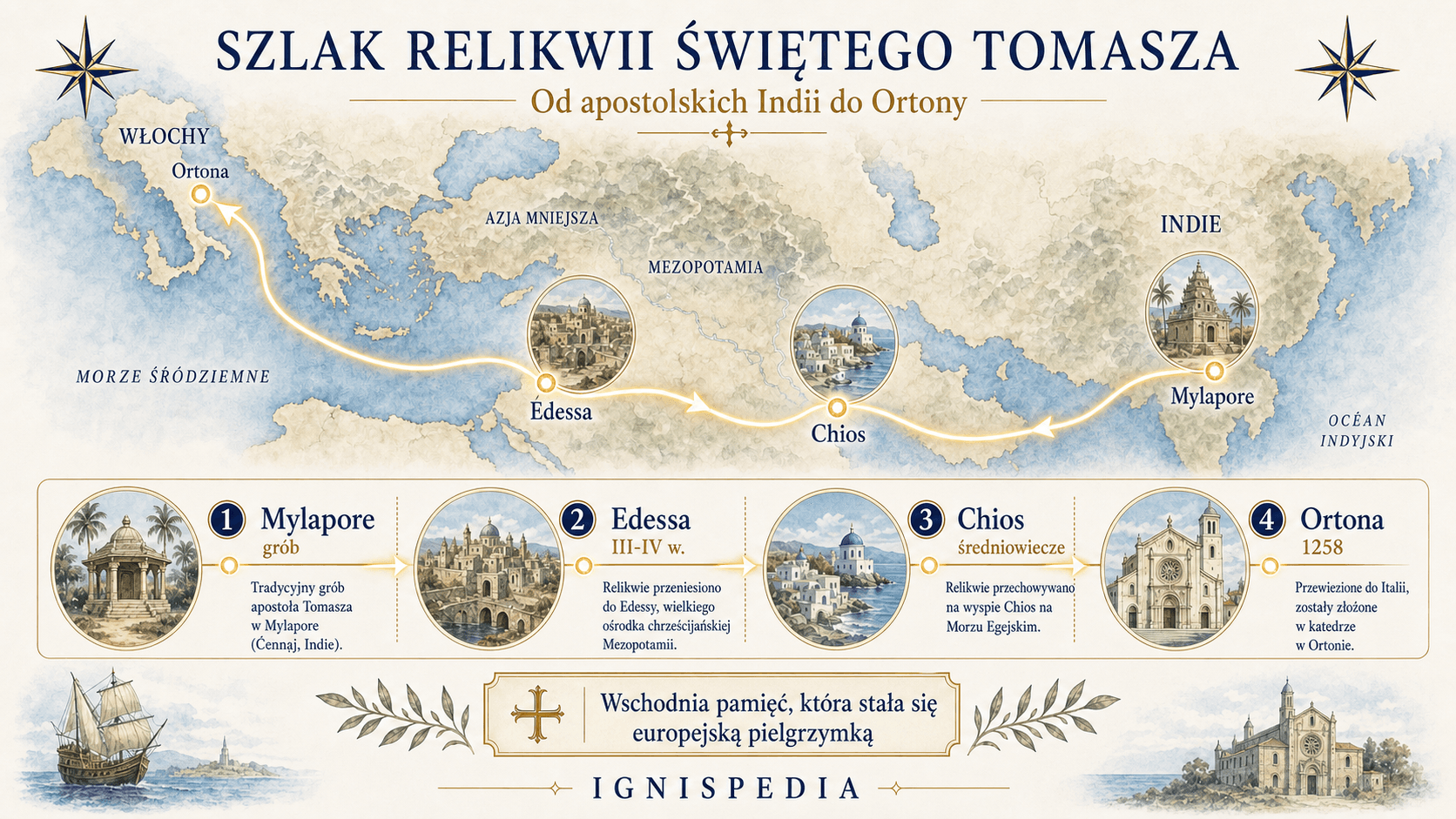 Polska mapa i oś czasu Ignispedia przedstawiająca drogę relikwii świętego Tomasza z Mylapore przez Edessę i Chios do Ortony